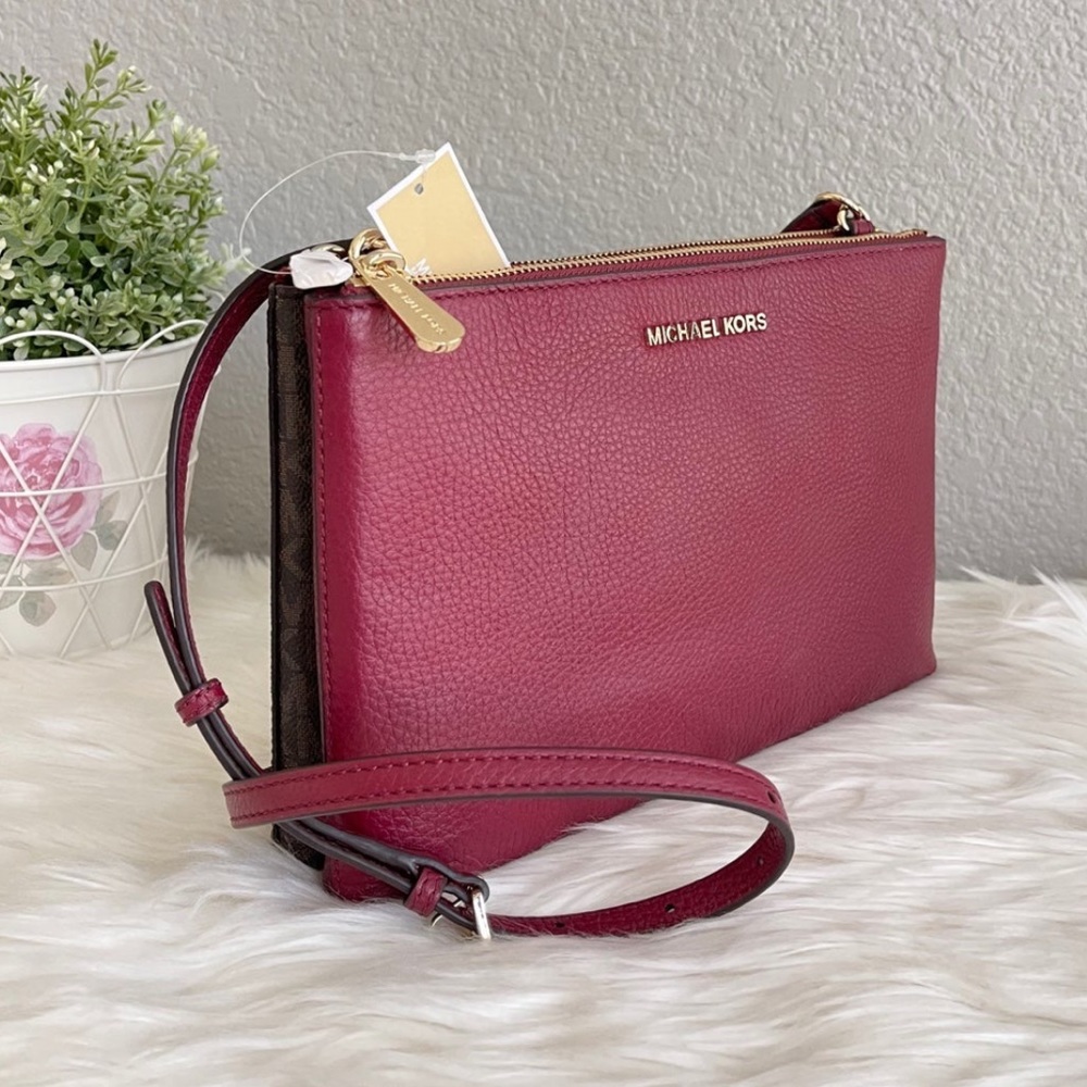 Michael Kors Jet SetTravel DBL Gusset Crossbody 35F8GTVC3B Brown/ Mulberry.
